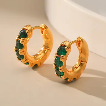 Klasické Kolo Malý Kruh Hoop Náušnice Lady Temperament Tmavo Zelený Zirkón Robustný Kovový 18k Zlata Farba Uchu Krúžok Žien Šperky